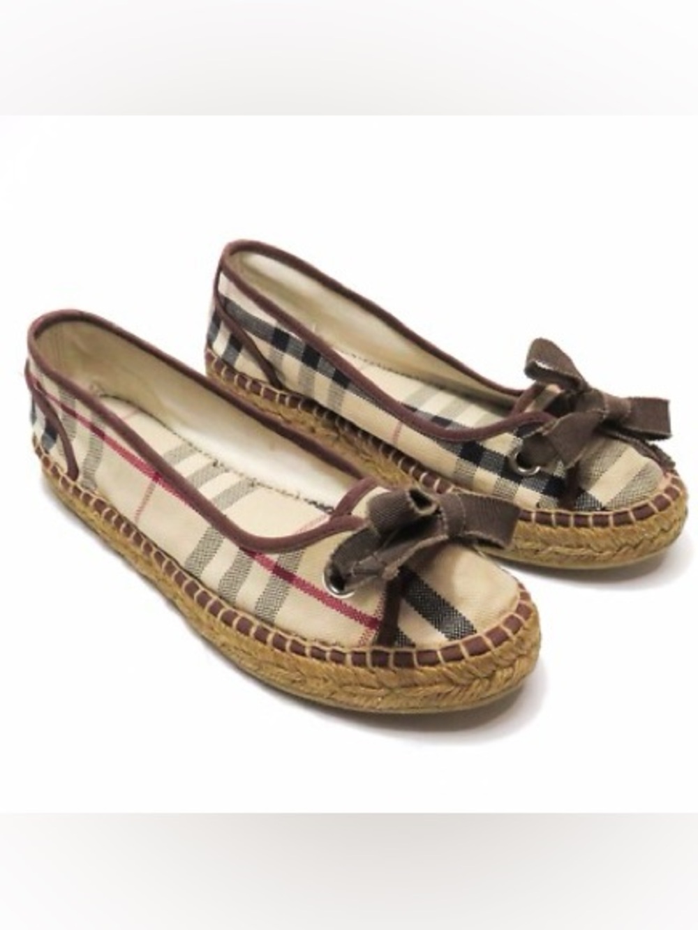 Burberry Beige Plaid Espadrille Flats with Brown Trim and Bow